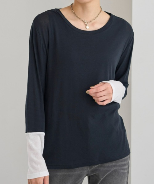 UNDOVE(アンドゥーブ)の「<UNDOVE>【アンチピリング/洗濯機OK/敏感肌さん用/シアーインナー/オーガニックコットン100%/透け感トップス/配色デザイン】/衿選べる綿100シアープルオーバー/クルーネック(Tシャツ/カットソー・レディース・ブラック系その他/ホワイト系その他/ブルー系その他・MEDIUM/LARGE/X-LARGE)」の12枚目の写真