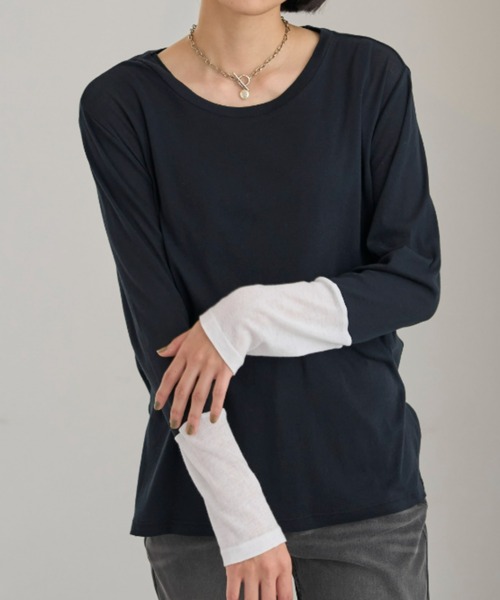 UNDOVE(アンドゥーブ)の「<UNDOVE>【アンチピリング/洗濯機OK/敏感肌さん用/シアーインナー/オーガニックコットン100%/透け感トップス/配色デザイン】/衿選べる綿100シアープルオーバー/クルーネック(Tシャツ/カットソー・レディース・ブラック系その他/ホワイト系その他/ブルー系その他・MEDIUM/LARGE/X-LARGE)」の13枚目の写真