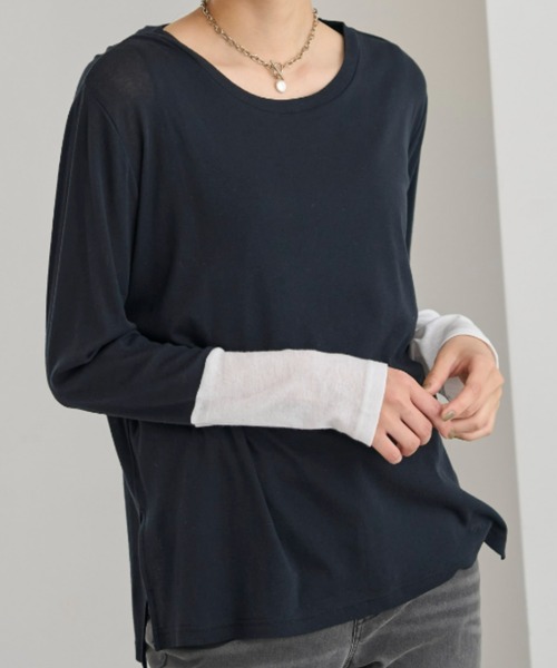 UNDOVE(アンドゥーブ)の「<UNDOVE>【アンチピリング/洗濯機OK/敏感肌さん用/シアーインナー/オーガニックコットン100%/透け感トップス/配色デザイン】/衿選べる綿100シアープルオーバー/クルーネック(Tシャツ/カットソー・レディース・ブラック系その他/ホワイト系その他/ブルー系その他・MEDIUM/LARGE/X-LARGE)」の14枚目の写真