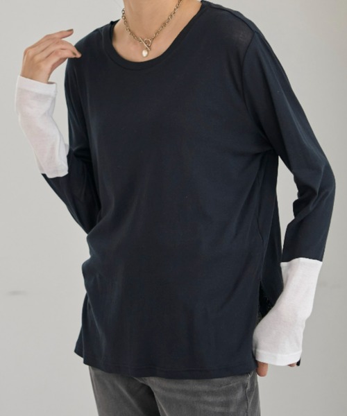 UNDOVE(アンドゥーブ)の「<UNDOVE>【アンチピリング/洗濯機OK/敏感肌さん用/シアーインナー/オーガニックコットン100%/透け感トップス/配色デザイン】/衿選べる綿100シアープルオーバー/クルーネック(Tシャツ/カットソー・レディース・ブラック系その他/ホワイト系その他/ブルー系その他・MEDIUM/LARGE/X-LARGE)」の15枚目の写真