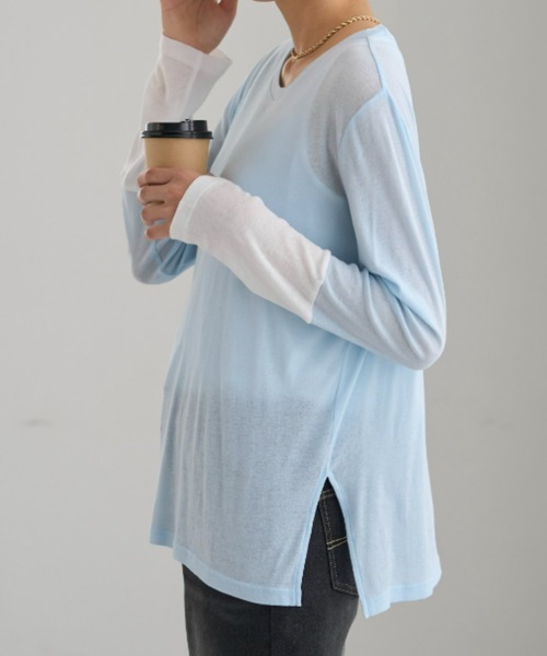 UNDOVE(アンドゥーブ)の「<UNDOVE>【アンチピリング/洗濯機OK/敏感肌さん用/シアーインナー/オーガニックコットン100%/透け感トップス/配色デザイン】/衿選べる綿100シアープルオーバー/クルーネック(Tシャツ/カットソー・レディース・ブラック系その他/ホワイト系その他/ブルー系その他・MEDIUM/LARGE/X-LARGE)」の16枚目の写真