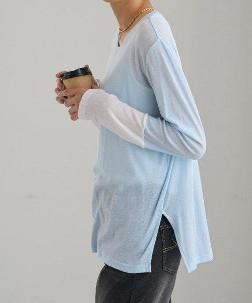 UNDOVE(アンドゥーブ)の「<UNDOVE>【アンチピリング/洗濯機OK/敏感肌さん用/シアーインナー/オーガニックコットン100%/透け感トップス/配色デザイン】/衿選べる綿100シアープルオーバー/クルーネック(Tシャツ/カットソー・レディース・ブラック系その他/ホワイト系その他/ブルー系その他・MEDIUM/LARGE/X-LARGE)」の18枚目の写真