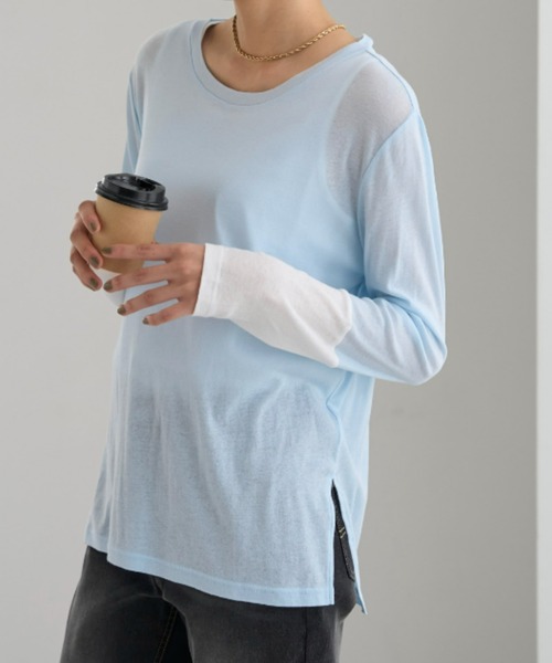 UNDOVE(アンドゥーブ)の「<UNDOVE>【アンチピリング/洗濯機OK/敏感肌さん用/シアーインナー/オーガニックコットン100%/透け感トップス/配色デザイン】/衿選べる綿100シアープルオーバー/クルーネック(Tシャツ/カットソー・レディース・ブラック系その他/ホワイト系その他/ブルー系その他・MEDIUM/LARGE/X-LARGE)」の19枚目の写真