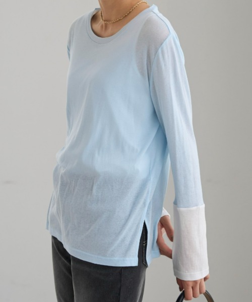 UNDOVE(アンドゥーブ)の「<UNDOVE>【アンチピリング/洗濯機OK/敏感肌さん用/シアーインナー/オーガニックコットン100%/透け感トップス/配色デザイン】/衿選べる綿100シアープルオーバー/クルーネック(Tシャツ/カットソー・レディース・ブラック系その他/ホワイト系その他/ブルー系その他・MEDIUM/LARGE/X-LARGE)」の20枚目の写真