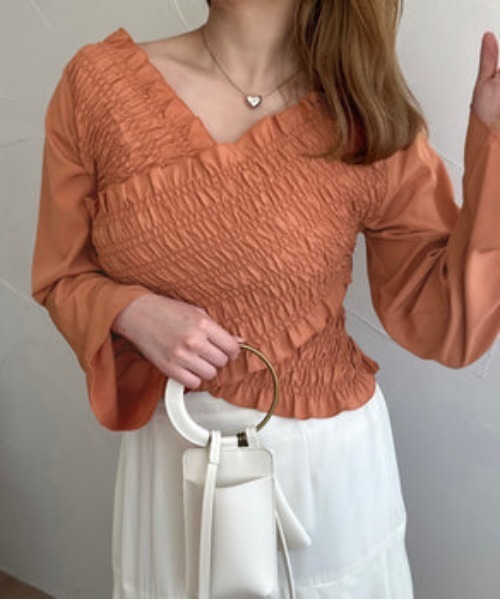 raffime（ラフィミー）の「クロスシャーリングトップス（シャツ/ブラウス・レディース・オフホワイト/オレンジ・MEDIUM/SMALL）」の7枚目の写真