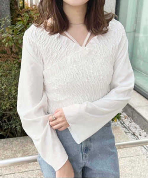 raffime（ラフィミー）の「クロスシャーリングトップス（シャツ/ブラウス・レディース・オフホワイト/オレンジ・MEDIUM/SMALL）」の4枚目の写真