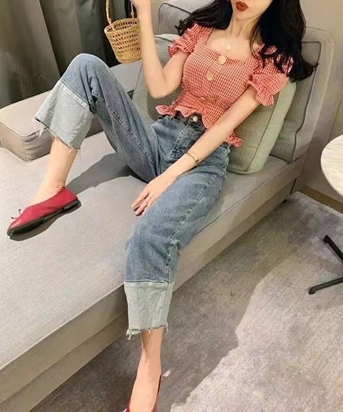 gossip!ロサンゼルス(ゴシップロサンゼルス)の「ギンガムチェック スクエアネックロングシャツ ショート ブラウス(シャツ/ブラウス・レディース・ブラック/レッド・S/M)」の4枚目の写真