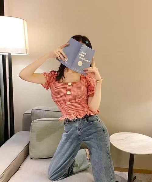 gossip!ロサンゼルス(ゴシップロサンゼルス)の「ギンガムチェック スクエアネックロングシャツ ショート ブラウス(シャツ/ブラウス・レディース・ブラック/レッド・S/M)」の7枚目の写真