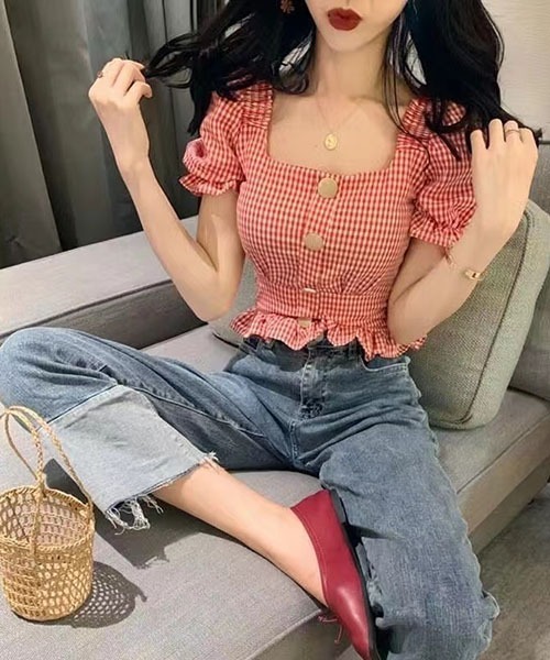 gossip!ロサンゼルス(ゴシップロサンゼルス)の「ギンガムチェック スクエアネックロングシャツ ショート ブラウス(シャツ/ブラウス・レディース・ブラック/レッド・S/M)」の9枚目の写真