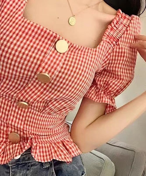 gossip!ロサンゼルス(ゴシップロサンゼルス)の「ギンガムチェック スクエアネックロングシャツ ショート ブラウス(シャツ/ブラウス・レディース・ブラック/レッド・S/M)」の11枚目の写真