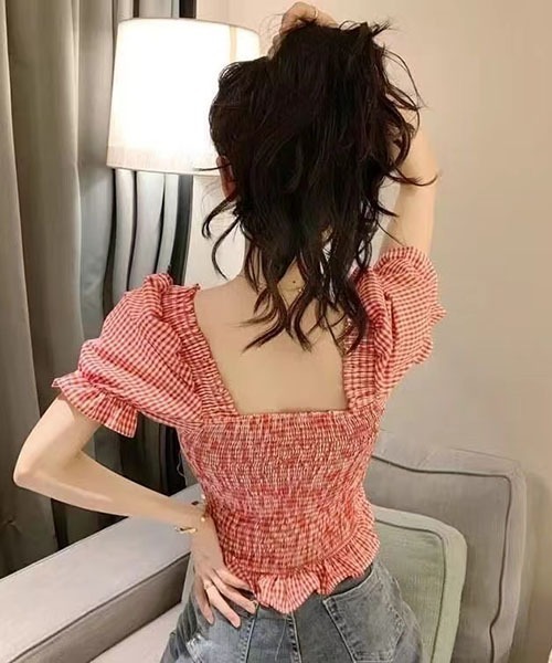gossip!ロサンゼルス(ゴシップロサンゼルス)の「ギンガムチェック スクエアネックロングシャツ ショート ブラウス(シャツ/ブラウス・レディース・ブラック/レッド・S/M)」の12枚目の写真