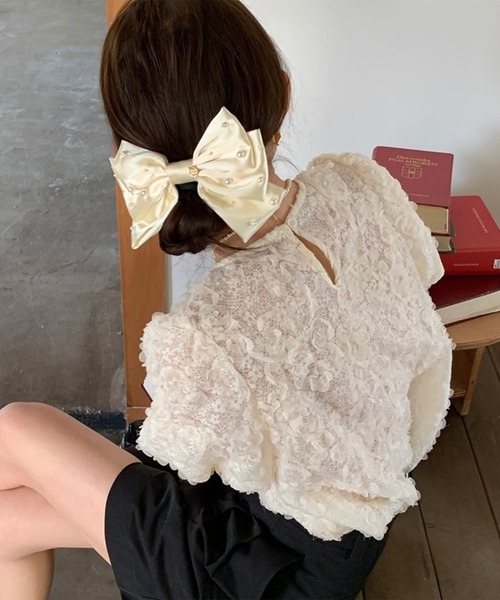 セール】立体フラワーレースブラウス/パフスリーブトップス（シャツ