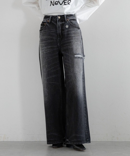 【45R】花柄 ワイド デニムパンツ(サイズ2) BENDER TOKYO】フラワー 花柄デザイン ワイド デニムパンツ