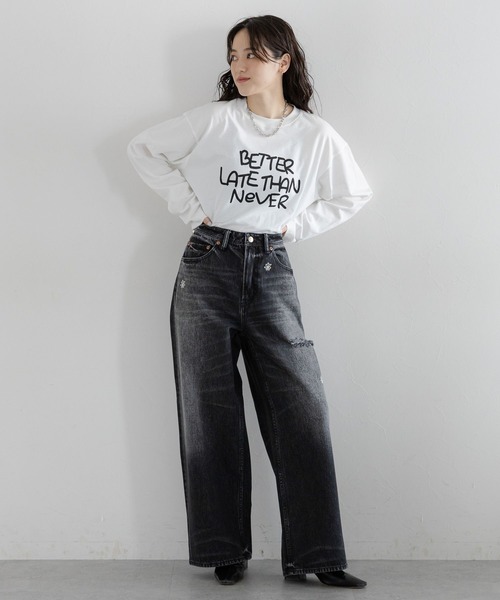 RAGEBLUE（レイジブルー）の「2size展開/フラワー刺繍ダメージワイドデニム（デニムパンツ・レディース・ブルー/ブラック・SMALL/MEDIUM）」の5枚目の写真