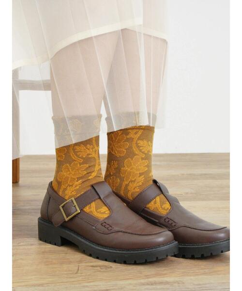 Samansa Mos2（サマンサ モスモス）の「花柄ジャカードソックス（ソックス/靴下・レディース・チャコールグレー/ベージュ/マスタード・F）」の3枚目の写真