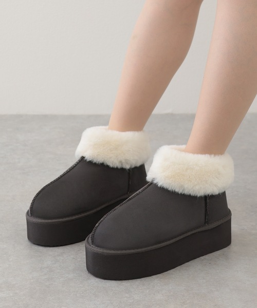 セール】5cm厚底 ファー付き ムートン風ショート ブーツ（ブーツ