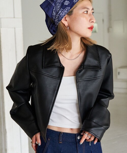FREAK'S STORE（フリークスストア）の「限定展開　ショート フルジップ フェイクレザー ジャケット（ライダースジャケット・レディース・ブラック・ﾌﾘ-）」の3枚目の写真