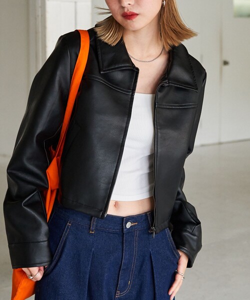 FREAK'S STORE（フリークスストア）の「限定展開　ショート フルジップ フェイクレザー ジャケット（ライダースジャケット・レディース・ブラック・ﾌﾘ-）」の15枚目の写真