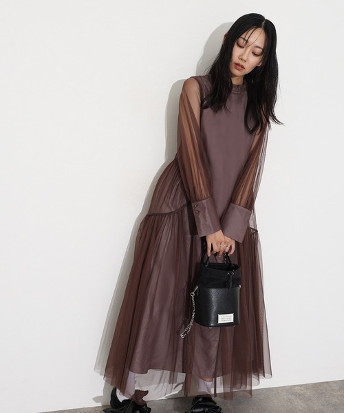 美品✨ atlo アトロ　チュールパイピング　オケージョンドレス　ミモレ丈　M atlo ドレス ミモレ丈＆袖ありフォーマルチュールパイピング