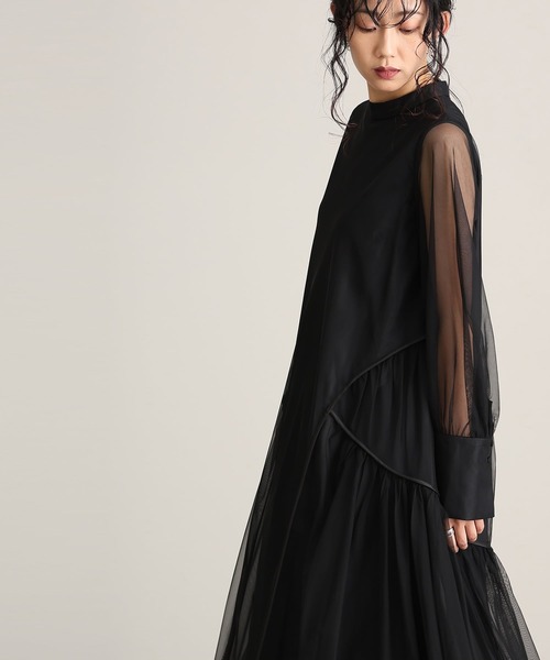 セール】ミモレ丈&袖ありフォーマルチュールパイピングセレモニー結婚