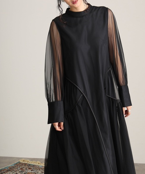 セール】ミモレ丈&袖ありフォーマルチュールパイピングセレモニー結婚