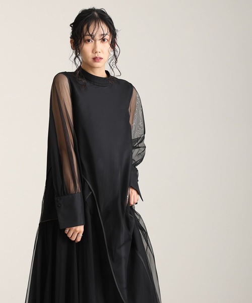 新品　atlo ミモレ丈＆袖ありフォーマルチュールパイピングセレモニー結婚式 L ミモレ丈&袖ありフォーマルチュールパイピングセレモニー結婚式