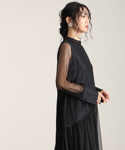 ミモレ丈&袖ありフォーマルチュールパイピングセレモニー結婚式