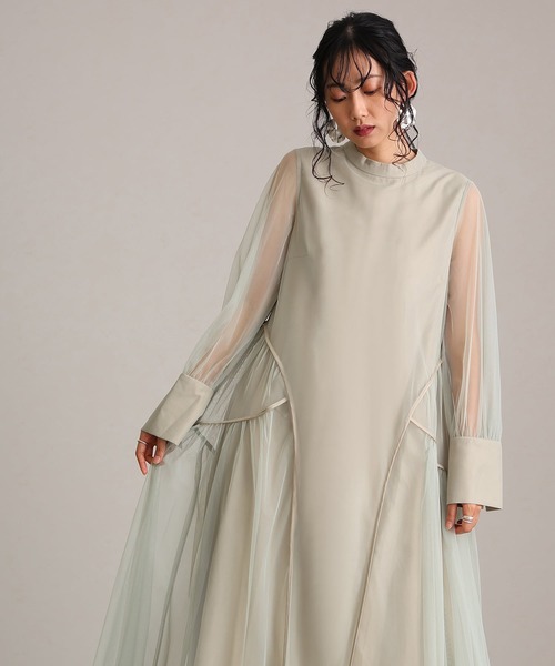 ミモレ丈&袖ありフォーマルチュールパイピングセレモニー結婚式