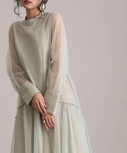 ミモレ丈&袖ありフォーマルチュールパイピングセレモニー結婚式