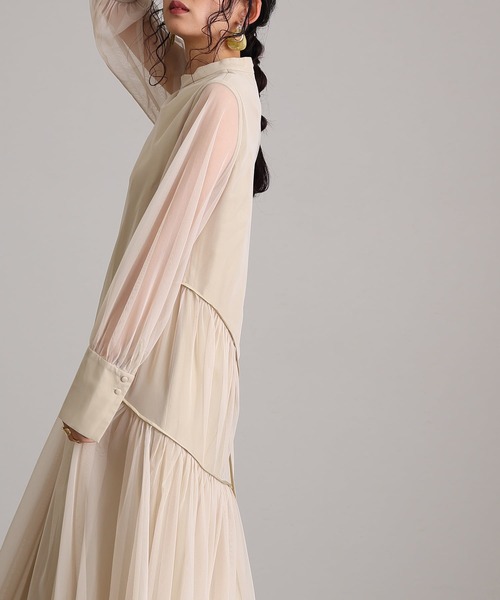 セール】ミモレ丈&袖ありフォーマルチュールパイピングセレモニー結婚