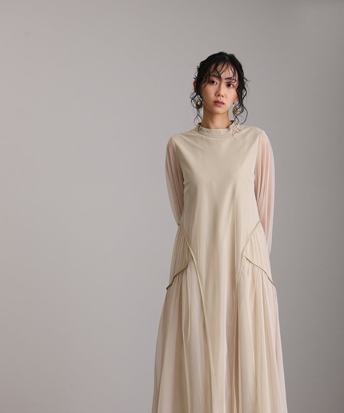 ミモレ丈&袖ありフォーマルチュールパイピングセレモニー結婚式