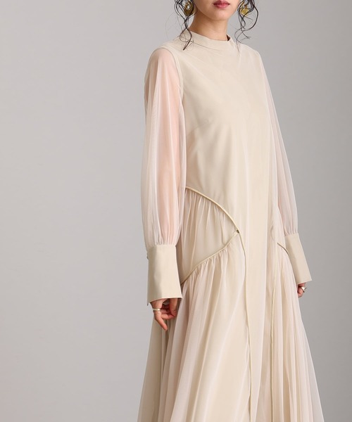 セール】ミモレ丈&袖ありフォーマルチュールパイピングセレモニー結婚