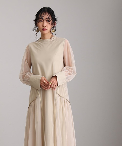 ミモレ丈&袖ありフォーマルチュールパイピングセレモニー結婚式