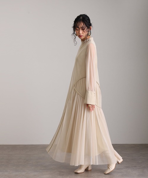 新品　atlo ミモレ丈＆袖ありフォーマルチュールパイピングセレモニー結婚式 L ミモレ丈&袖ありフォーマルチュールパイピングセレモニー結婚式