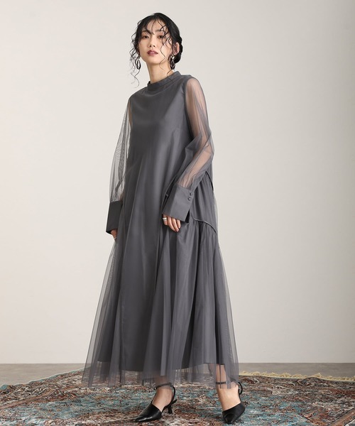 新品　atlo ミモレ丈＆袖ありフォーマルチュールパイピングセレモニー結婚式 L ミモレ丈&袖ありフォーマルチュールパイピングセレモニー結婚式