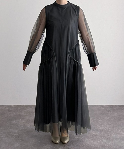 ミモレ丈&袖ありフォーマルチュールパイピングセレモニー結婚式