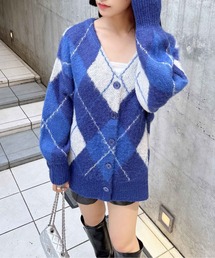 アーガイル柄ロングニットカーディガン