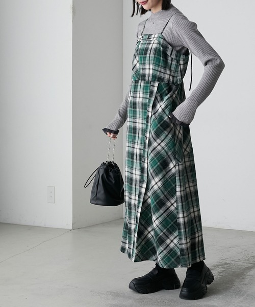 キャミワンピース グリーン系チェック forksy.（フォルクシー）の「【forksy.】チェック柄ボタン