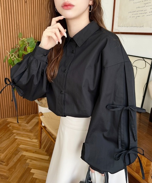シャツ/ブラウス(長袖/七分) double ribbon blouse 2WAYフロントタック七分袖ブラウス【UVカット・洗濯機OK