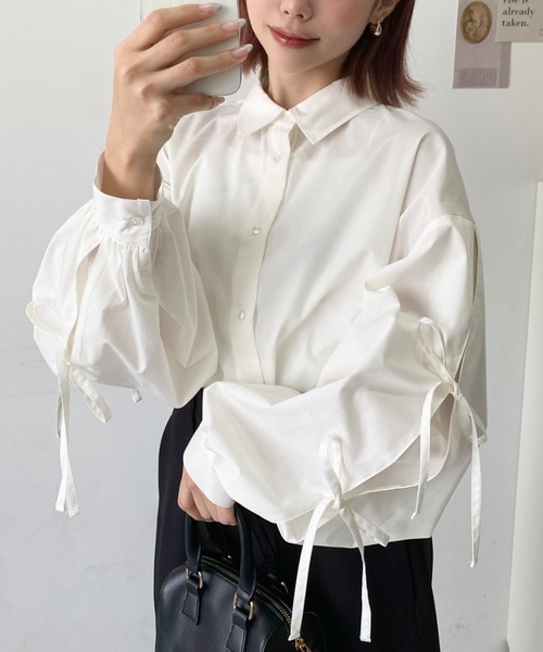新品　M・fil (エムフィル)タックスリーブ タイブラウス リボン付き 長袖 新品 M・fil (エムフィル)タックスリーブ タイブラウス リボン