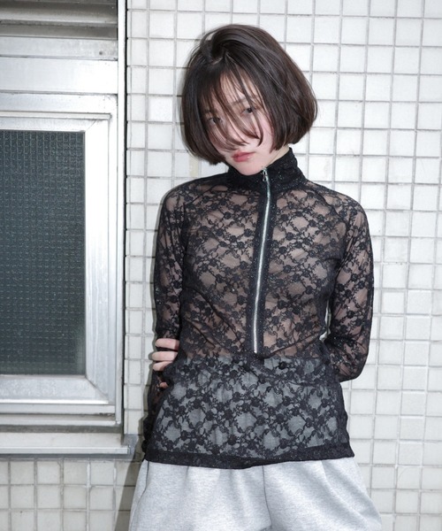 最新 TOPS LACE GLITTER / ラメレーストップス（Tシャツ ハーフジップ トップス