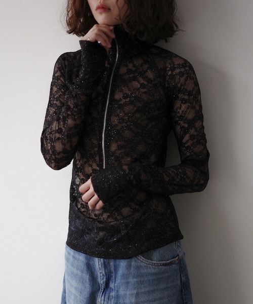 人気特価 GLITTER LACE ラメレーストップス（Tシャツ ハーフジップ / TOPS トップス