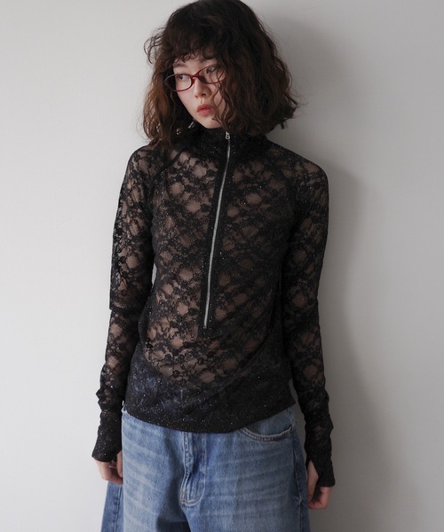 igi（イジ）の「GLITTER LACE TOPS / ハーフジップ ラメレーストップス（Tシャツ/カットソー・レディース・ホワイト/ピンク/ブラック・FREE）」の22枚目の写真