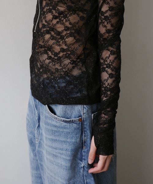 igi（イジ）の「GLITTER LACE TOPS / ハーフジップ ラメレーストップス（Tシャツ/カットソー・レディース・ホワイト/ピンク/ブラック・FREE）」の10枚目の写真