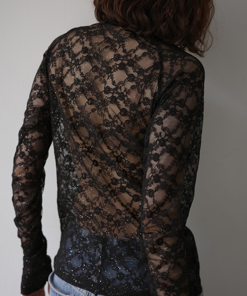 igi（イジ）の「GLITTER LACE TOPS / ハーフジップ ラメレーストップス（Tシャツ/カットソー・レディース・ホワイト/ピンク/ブラック・FREE）」の9枚目の写真