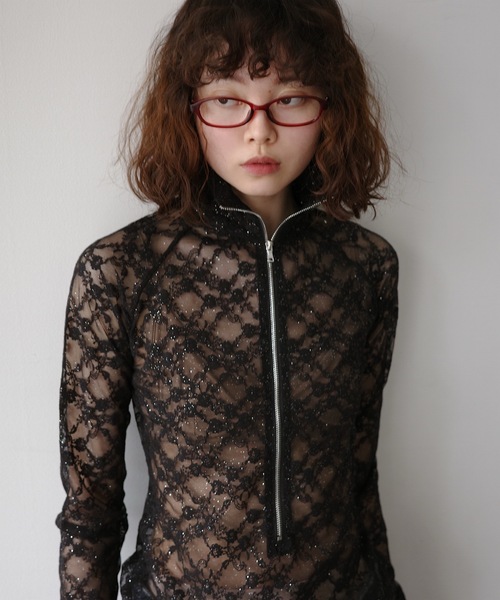 お気に入り LACE GLITTER TOPS ラメレーストップス（Tシャツ ハーフジップ / トップス