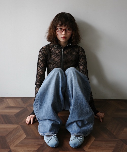 GLITTER LACE TOPS / ハーフジップ ラメレーストップス（Tシャツ