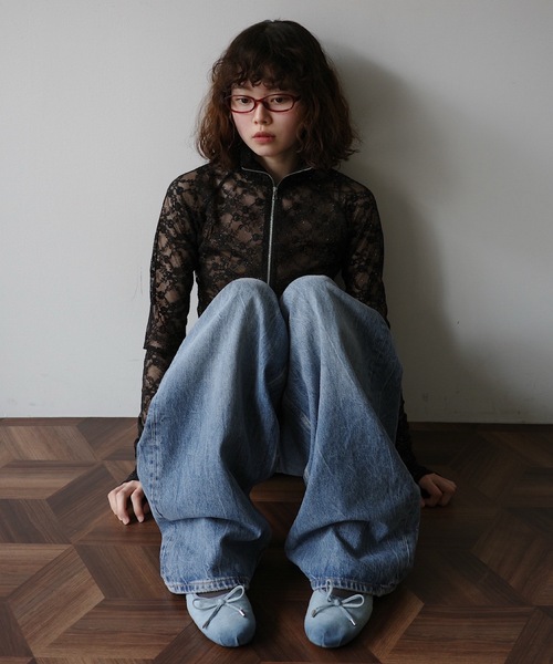 セール】GLITTER LACE TOPS / ハーフジップ ラメレーストップス