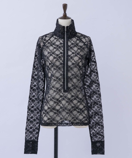 GLITTER LACE TOPS / ハーフジップ ラメレーストップス（Tシャツ
