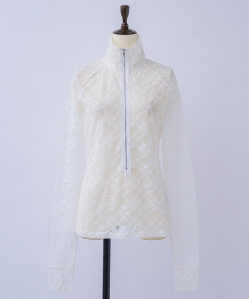 GLITTER LACE TOPS / ハーフジップ ラメレーストップス（Tシャツ